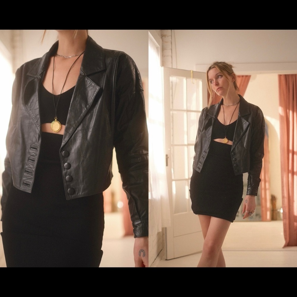 80s/90s Crop Leather Jacket Moto Button Up Boxy Grunge Oversize Small Medium